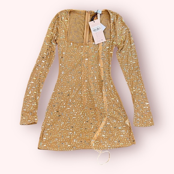 OH POLLY ZETA Sheer Embellished Long Sleeve A-Line Mini Dress in Nude Size 2 - Picture 9 of 12